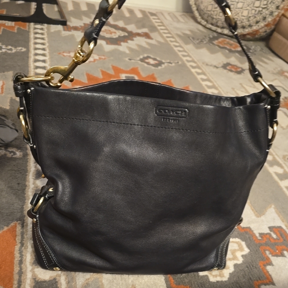 Coach Dark Leather Shoulder Bag with Gold Accents